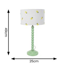 ValueLights Bobbins Sage Green Table Lamp with Lemon Embroidered Drum Shade & LED Bulb in Pale Green - thumbnail 6