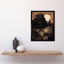 "Artery8 Wall Art Print Dramatic Full Moon Rising Behind Edinburgh Castle Art Framed in Black - Size: W12"" x H16""" - thumbnail 2
