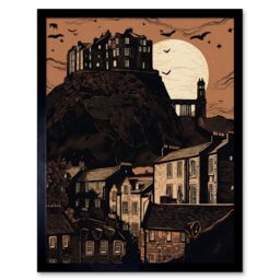 "Artery8 Wall Art Print Dramatic Full Moon Rising Behind Edinburgh Castle Art Framed in Black - Size: W12"" x H16""" - thumbnail 1