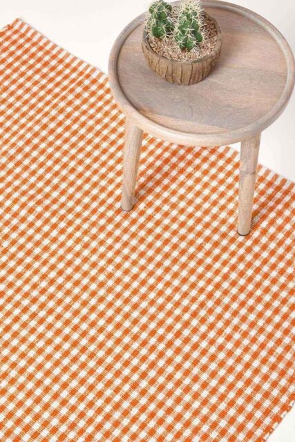 Homescapes Cotton Gingham Check Rug Hand Woven in Orange - Size: 70 cm x 120 cm - image 1