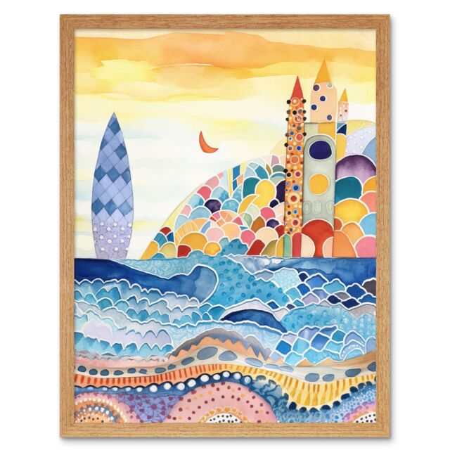 "Artery8 Wall Art Print Abstract Seascape Waves On Beach Folk Art Bathroom Art Framed in Light Oak - Size: W12"" x H16""" - image 1