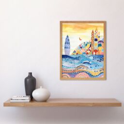 "Artery8 Wall Art Print Abstract Seascape Waves On Beach Folk Art Bathroom Art Framed in Light Oak - Size: W12"" x H16""" - thumbnail 2