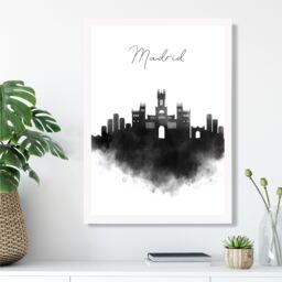 ARTZE Madrid Watercolour Skyline City Framed Print SIZE: A4 with White Frame in Black - Size: A3 - thumbnail 2