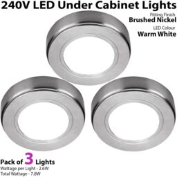 Loops 3x BRUSHED NICKEL Round Surface or Flush Under Cabinet Kitchen Light Kit - 240V Mains Powered - Warm White LED in Metallics - thumbnail 2