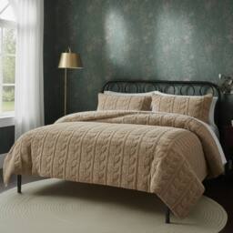 Snug City Ultra Soft Teddy Duvet Cover Set Leaves Embossed Cozy Fleece Bedding in Beige - Size: Single