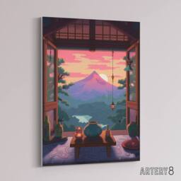 "Artery8 Japanese Tea House Mount Fuji Sunset View Canvas Wall Art Print in Pink - Size: W18"" x H24""" - thumbnail 2