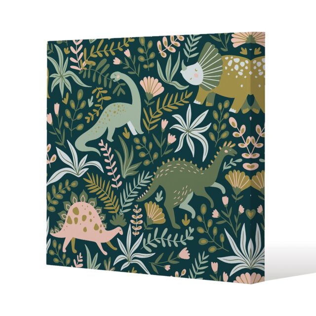 Benjamin Tate Design Hand drawn dinosaurs & tropical leaves & flowers. (Canvas Print) / 127 x 127 x 4cm in Natural - Size: 127 x 127 x 4 cm - image 1