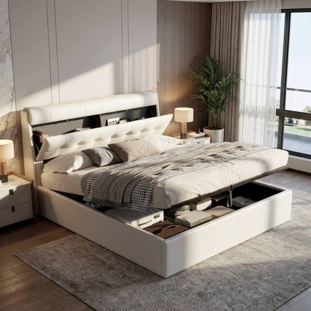 Merax 4ft6 Double PU Upholstered Ottoman Storage Bed with Headboard Storage in White