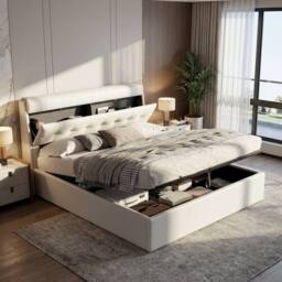 Merax 4ft6 Double PU Upholstered Ottoman Storage Bed with Headboard Storage in White