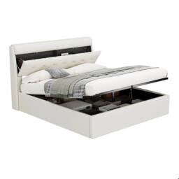 Merax 4ft6 Double PU Upholstered Ottoman Storage Bed with Headboard Storage in White - thumbnail 6