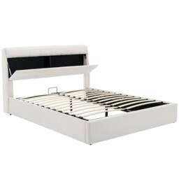Merax 4ft6 Double PU Upholstered Ottoman Storage Bed with Headboard Storage in White - thumbnail 7