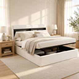 Merax 4ft6 Double PU Upholstered Ottoman Storage Bed with Headboard Storage in White - thumbnail 3