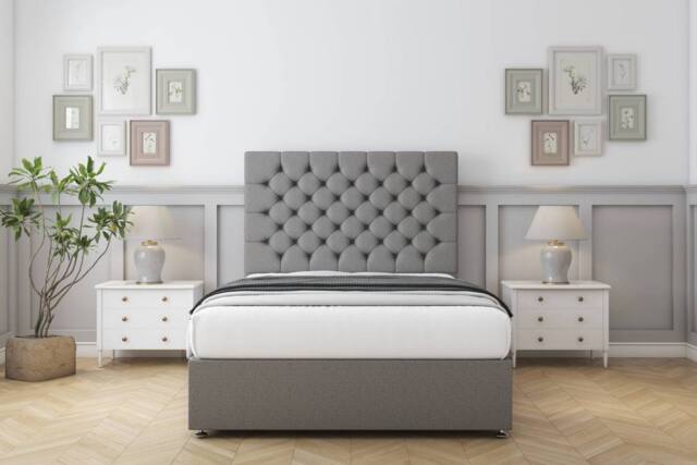 "Sloomy Mayfair Tweed Divan Bed Base 2 Drawers Foot-End With 26"" Strutted Headboard in Light Grey - Size: King" - image 1