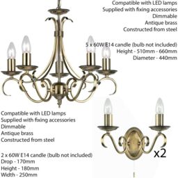 Loops 5 Lamp Ceiling & 2x Twin Wall Light Pack Antique Brass Vintage Matching Fittings in Metallics - thumbnail 2