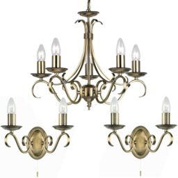 Loops 5 Lamp Ceiling & 2x Twin Wall Light Pack Antique Brass Vintage Matching Fittings in Metallics