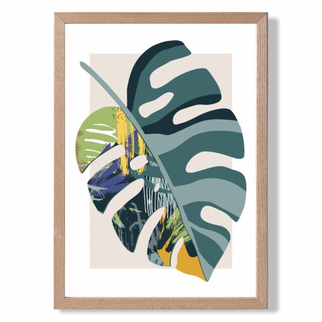 ARTZE Monstera Teal & Green Mid Century Modern Framed Print SIZE: A2 with Oak Frame - image 1