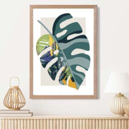 ARTZE Monstera Teal & Green Mid Century Modern Framed Print SIZE: A2 with Oak Frame - thumbnail 2