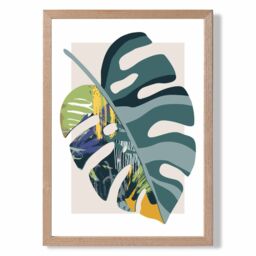 ARTZE Monstera Teal & Green Mid Century Modern Framed Print SIZE: A2 with Oak Frame - thumbnail 1
