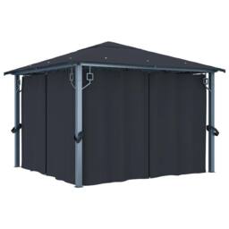 Berkfield Home Gazebo with Curtain&LED String Lights 3x3 m Anthracite Aluminium in Black - thumbnail 4
