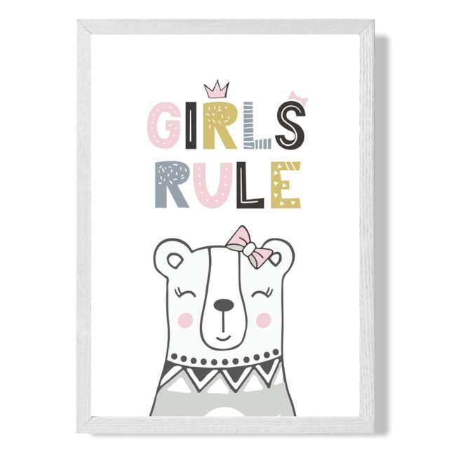 ARTZE Cute Girls Rule Bear Scandi Quote Framed Print SIZE: A4 with White Frame in Pink - Size: A2 - image 1