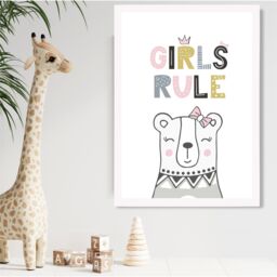ARTZE Cute Girls Rule Bear Scandi Quote Framed Print SIZE: A4 with White Frame in Pink - Size: A2 - thumbnail 2