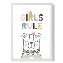ARTZE Cute Girls Rule Bear Scandi Quote Framed Print SIZE: A4 with White Frame in Pink - Size: A2 - thumbnail 1