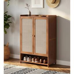 KORVIXA Bamboo 2-Door Narrow Shoe Cabinet, Entryway Hallway Storage Organizer in Brown - Size: 500mm - thumbnail 5