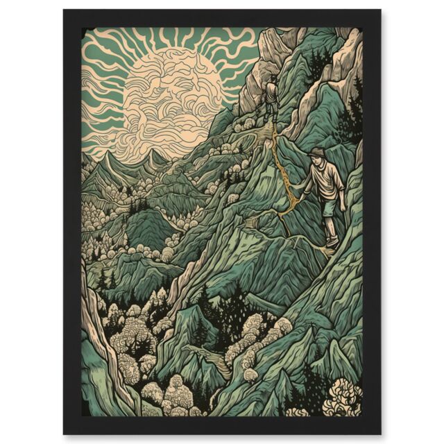 Artery8 Climb Every Mountain Hikers at Sunrise Linocut Artwork Framed Wall Art Print A4 in Black - image 1