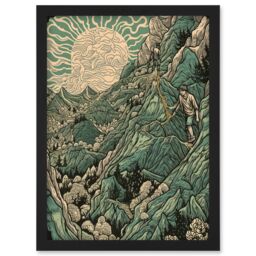 Artery8 Climb Every Mountain Hikers at Sunrise Linocut Artwork Framed Wall Art Print A4 in Black - thumbnail 1