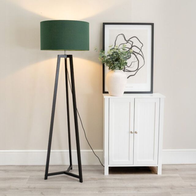 ValueLights Lottie Black Wood Tripod Floor Lamp with Fabric Drum Shade in Green - image 1