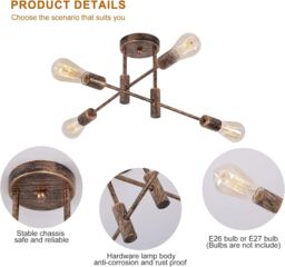 Garwarm Vintage 4-Light Mid Century Semi Flush Mount Ceiling Light Fixture in Bronze - thumbnail 4