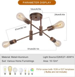Garwarm Vintage 4-Light Mid Century Semi Flush Mount Ceiling Light Fixture in Bronze - thumbnail 3