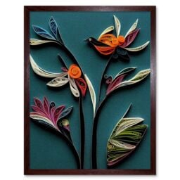 "Artery8 Wall Art Print Modern Paper Quilling Bird on Exotic Flower Plant Leaves Blue Orange Teal Art Framed in Brown - Size: W12"" x H16"""