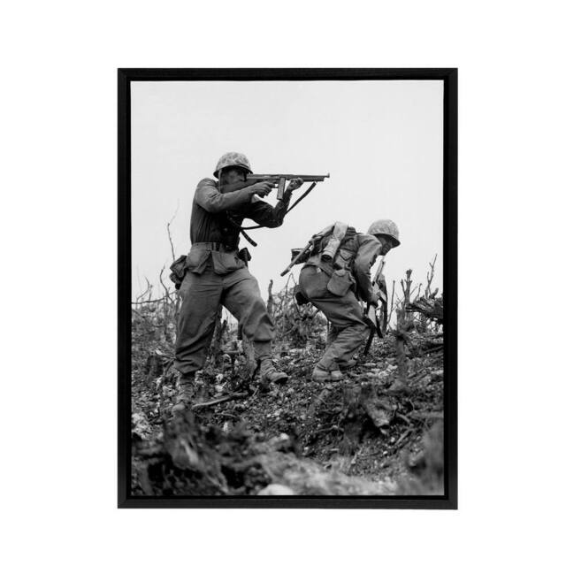 "Artery8 WWII War USA Marine Sgt Bartlett Framed Canvas Wall Art Print in Grey - Size: W12"" x H16""" - image 1