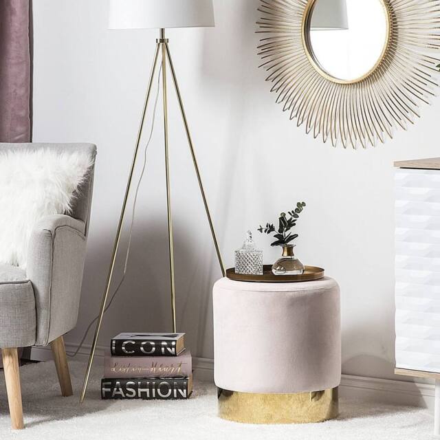 Wyld and Coco Pink Velvet Round Footstool Pouffe with Gold Trim - image 1