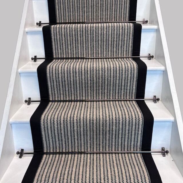 RainbowHome Devonian Stripe Raleigh Wool Stair Runner With 100% Cotton Black Border in Dark Navy - Size: 70 cm x 650 cm - image 1