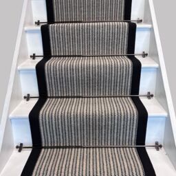 RainbowHome Devonian Stripe Raleigh Wool Stair Runner With 100% Cotton Black Border in Dark Navy - Size: 70 cm x 650 cm - thumbnail 1