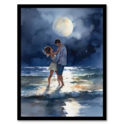 Artery8 Wall Art Print Dancing In The Waves Watercolour Painting Blue Yellow Couple Dancing Under A Full Moon In Coastal Landscape Bedroom Art Framed - thumbnail 1