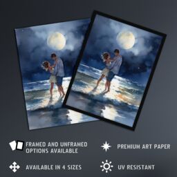 Artery8 Wall Art Print Dancing In The Waves Watercolour Painting Blue Yellow Couple Dancing Under A Full Moon In Coastal Landscape Bedroom Art Framed - thumbnail 2