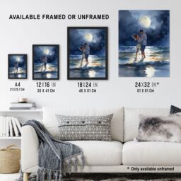Artery8 Wall Art Print Dancing In The Waves Watercolour Painting Blue Yellow Couple Dancing Under A Full Moon In Coastal Landscape Bedroom Art Framed - thumbnail 3