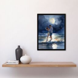 Artery8 Wall Art Print Dancing In The Waves Watercolour Painting Blue Yellow Couple Dancing Under A Full Moon In Coastal Landscape Bedroom Art Framed - thumbnail 4
