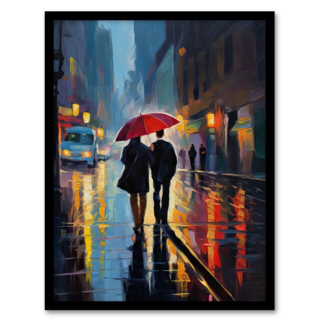 Artery8 Wall Art Print Paris In The Springtime Colourful Oil Painting Couple w/ A Red Umbrella Talking A Romantic Walk On A Rainy Night Bedroom Art - image 1