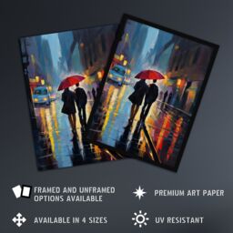 Artery8 Wall Art Print Paris In The Springtime Colourful Oil Painting Couple w/ A Red Umbrella Talking A Romantic Walk On A Rainy Night Bedroom Art - thumbnail 2