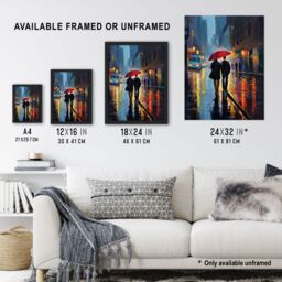 Artery8 Wall Art Print Paris In The Springtime Colourful Oil Painting Couple w/ A Red Umbrella Talking A Romantic Walk On A Rainy Night Bedroom Art - thumbnail 3