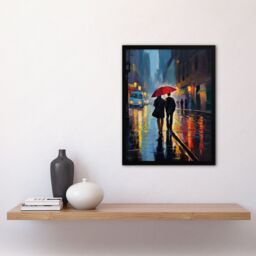 Artery8 Wall Art Print Paris In The Springtime Colourful Oil Painting Couple w/ A Red Umbrella Talking A Romantic Walk On A Rainy Night Bedroom Art - thumbnail 4