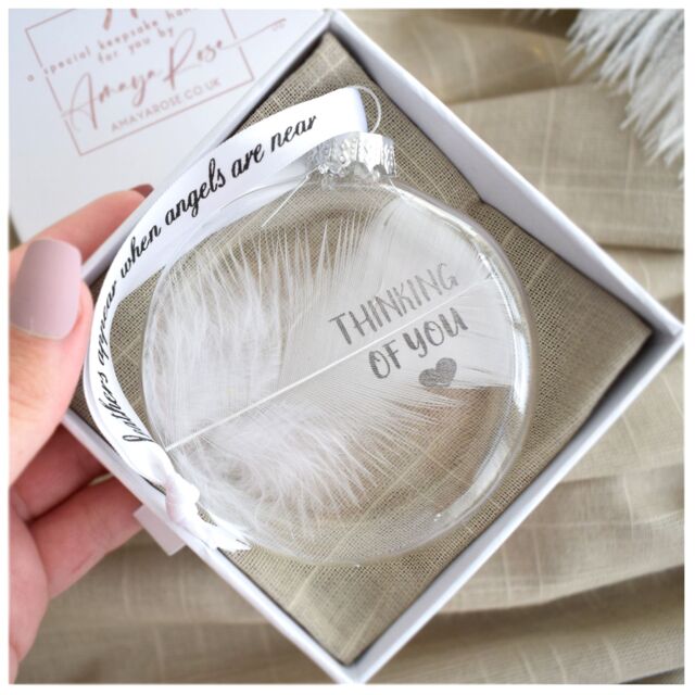 Amaya Rose Ltd In Memory of Thinking Of You Feather Round Bauble Gift Boxed. Memorial in Clear