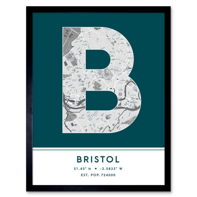 "Wee Blue Coo Wall Art Print Bristol England United Kingdom City Map Modern Typography Stylish Letter Framed Word in Teal - Size: W12"" x H16""" - image 1