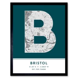 "Wee Blue Coo Wall Art Print Bristol England United Kingdom City Map Modern Typography Stylish Letter Framed Word in Teal - Size: W12"" x H16""" - thumbnail 1