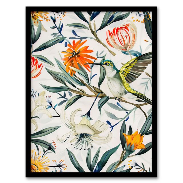 Artery8 Bright Exotic Flower Pattern with Hummingbird Framed Art Print in Green - Size: A4 - image 1