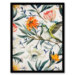 Artery8 Bright Exotic Flower Pattern with Hummingbird Framed Art Print in Green - Size: A4 - thumbnail 1